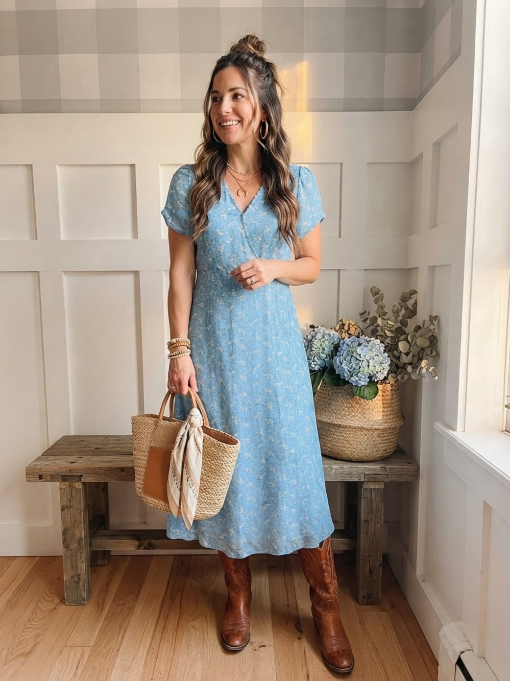 April Cornell Light Blue Floral Midi Dress XXS